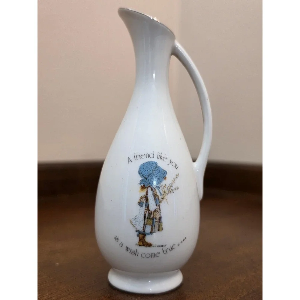 VTG Holly Hobbie Porcelain Vase Pitcher A Friend Like You Is A Wish Come True